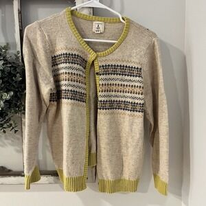 Lands' End‎ Kids L Beige Yellow Patterned Wool cotton blend Cardigan Sweater